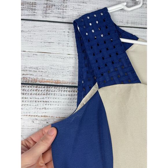 DKNY Blue & Cream Linen Shift Knee Length Dress 8 Coastal Neutral Wedding Beachy - Picture 2 of 8